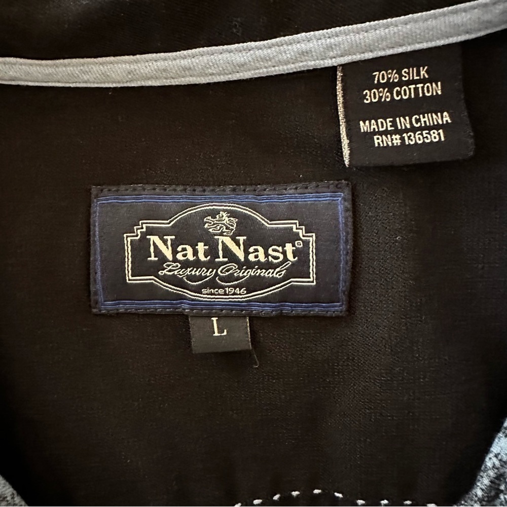 Nat Nast Silk Blend Short Sleeve Palm Button Up Navy Blue Shirt Size L - Picture 8 of 11